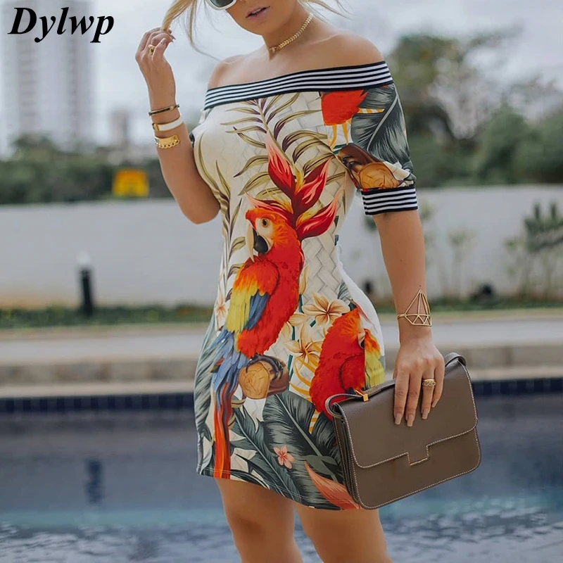 Женское платье с коротким рукавом облегающее мини-платье принтом попугая лето 2019