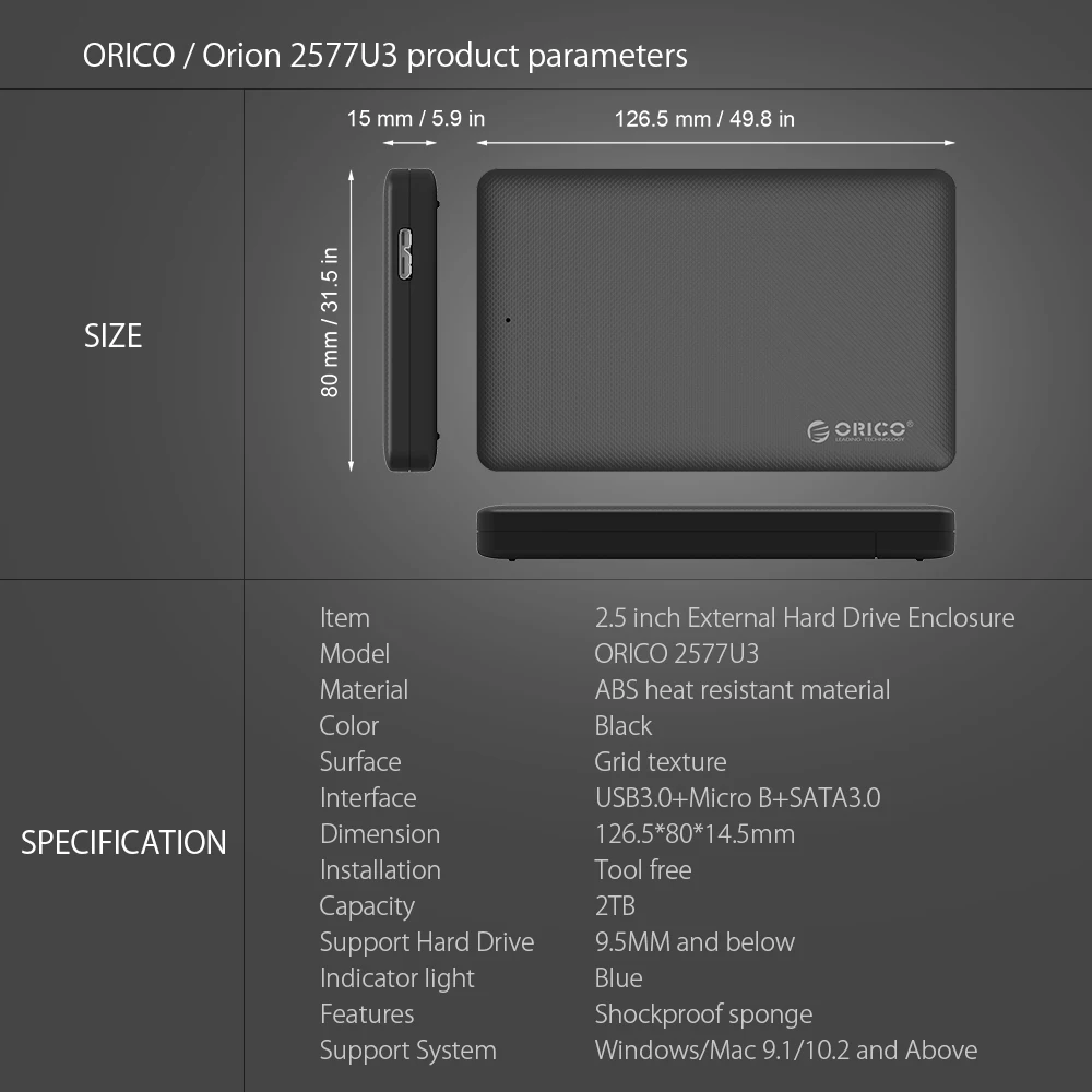 ORICO 2,5 дюймов USB3.0 корпус для жесткого диска Sata к USB внешний инструмент HDD бесплатно Супер Скоростной чехол для жесткого диска для 2," HDD Чехол