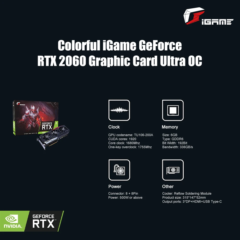 Красочная графическая карта iGame RTX 2060 Ultra OC GDDR6 Nvidia GPU 6G 1680MHz GeForce видеокарта Placa De Video HDMI для игрового ПК