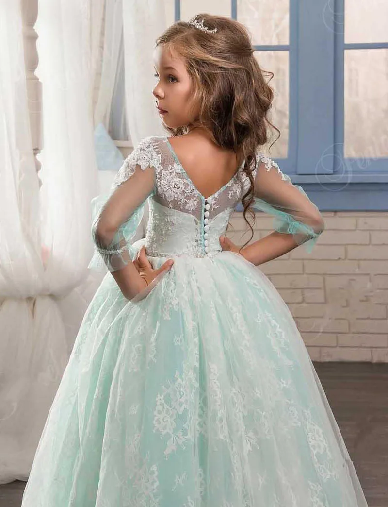 2018 Romantic Mint Green Tulle Flower Girl Dress for Weddings Party First Communion Kids Princess Pageant Gown | Детская одежда и