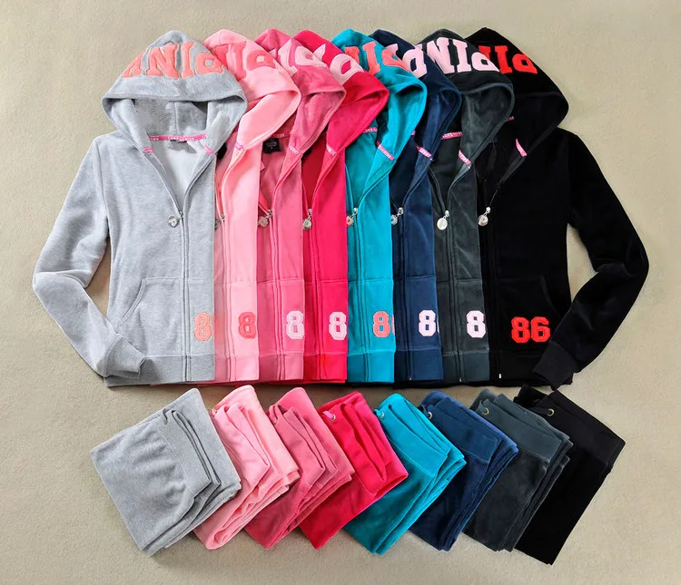 Весна/осень розовый Для женщин Марка бархата костюмы Велюровый костюм Для женщин спортивный костюм толстовки и брюки S-XL
