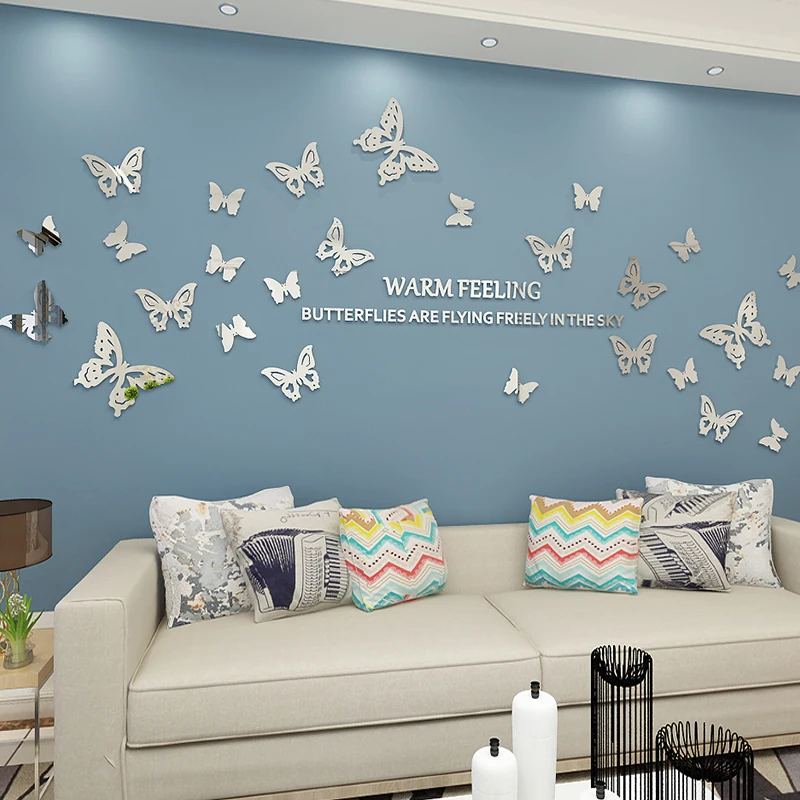 Креативные зеркальные Акриловые 3D стерео наклейки на стену в виде бабочки для