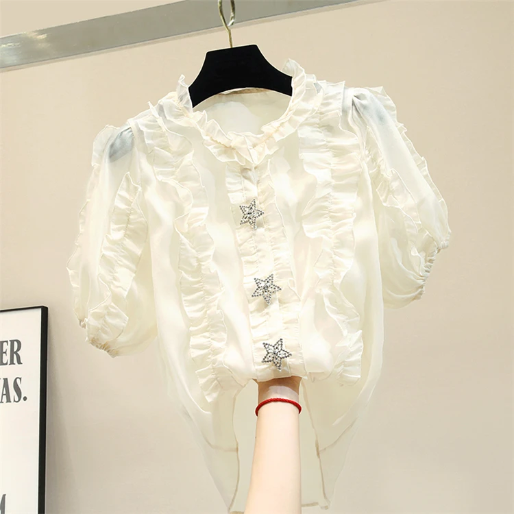 

Princess Blouse 2019 Summer New Water Drill Button Ruffles Chiffon Shirt Women's Short-sleeved Shirts New Fashion Tops Ladies