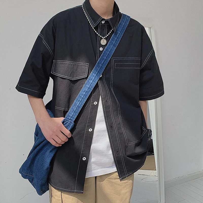 Harajuku рубашка мужская Мужская однотонная Модная рубашка с коротким рукавом мужские Гавайские рубашки Повседневная Свободная ретро одежда мужская