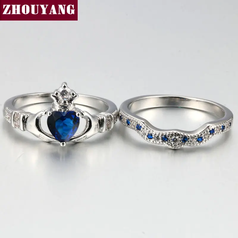 Холдинг Создан Blue Crystal любовь Сердце Цирконий Корона Обручальное Кольцо Наборы Серебристый Цвет Синий Кристалл ZYR616