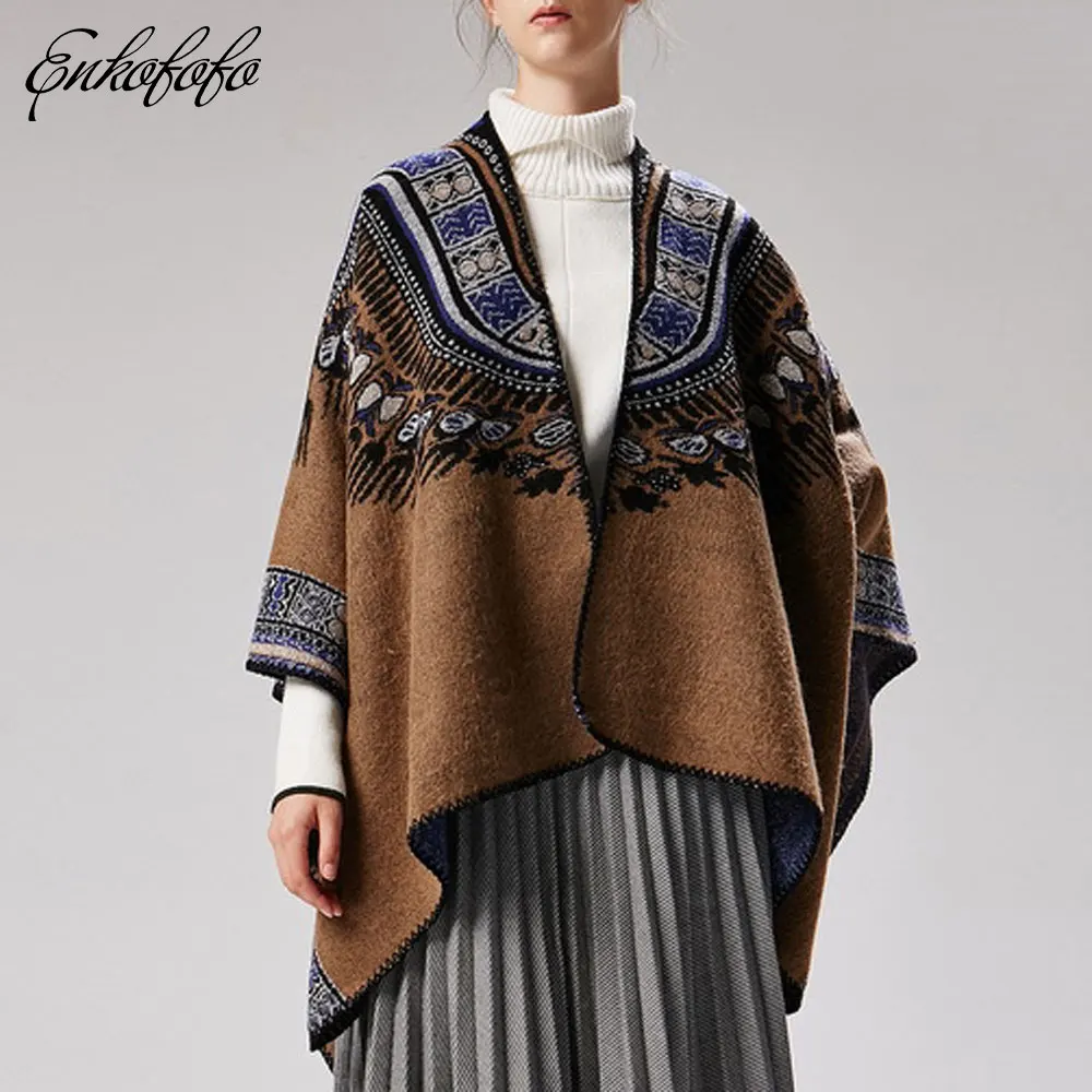 Reversible Cardigan Women Autumn Winter Cashmere Poncho Coat Vintage Print Designer Female Loose Thick Wrap Shawl Sweater |