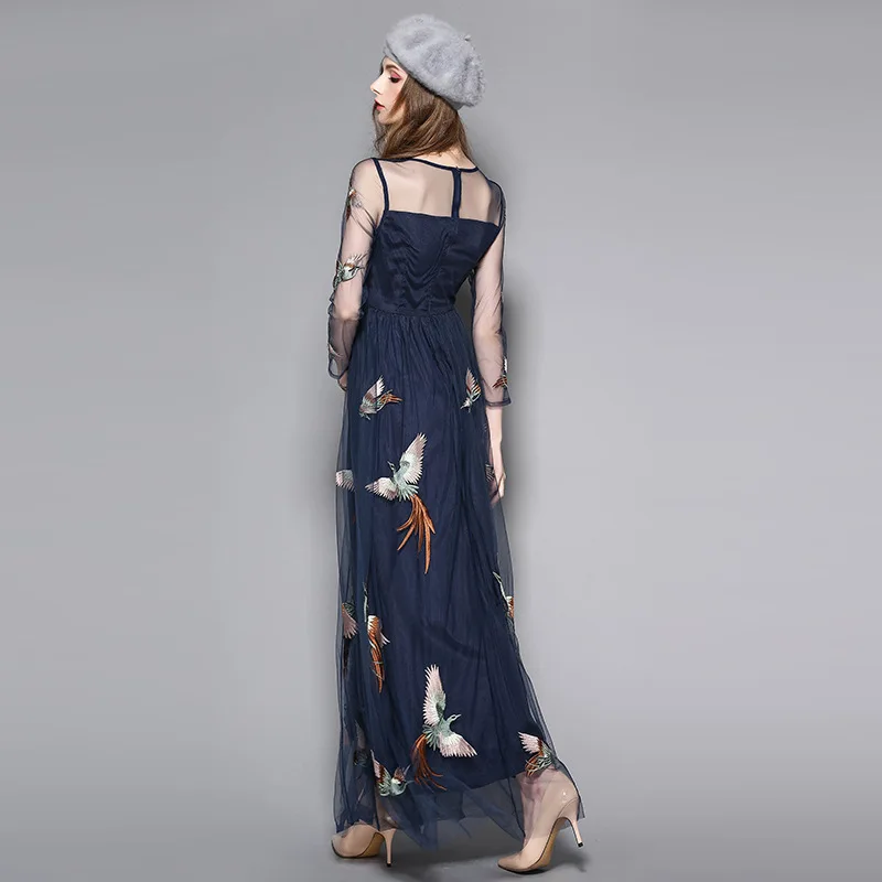 Женское Сетчатое платье с вышивкой птицы синее плиссированное длинным рукавом в