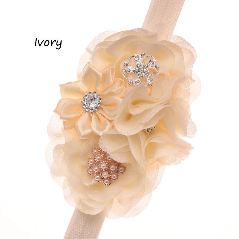 Ivory 1 шт. волнистые шифоновые Цветочные пышные волосы цветок жемчуг горный хрусталь эластичная лента Модные аксессуары для волос Головные уборы повседневные аксессуары - Цвет: Ivory