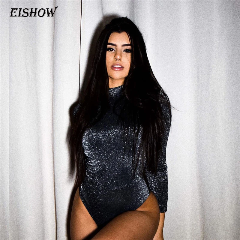 EISHOW для женщин с открытой спиной осень зима Сияющий сексуальный бодикон боди