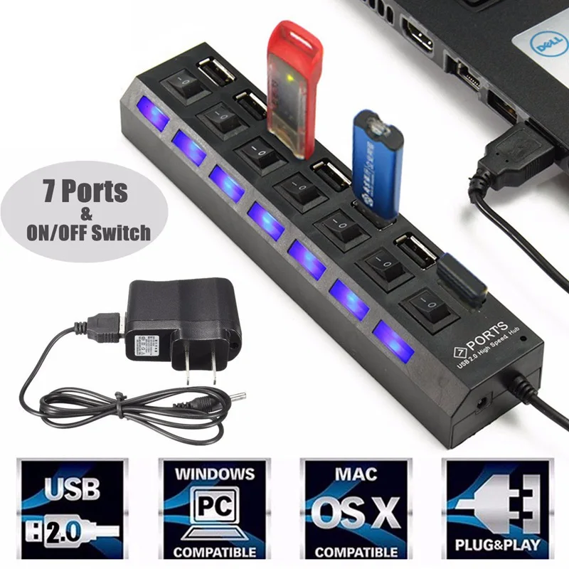 Универсальный usb-концентратор высокой мощности 7 портов высокоскоростной вкл/выкл Кабель-адаптер светодиодный usb-хаб для ПК компьютера ноутбука