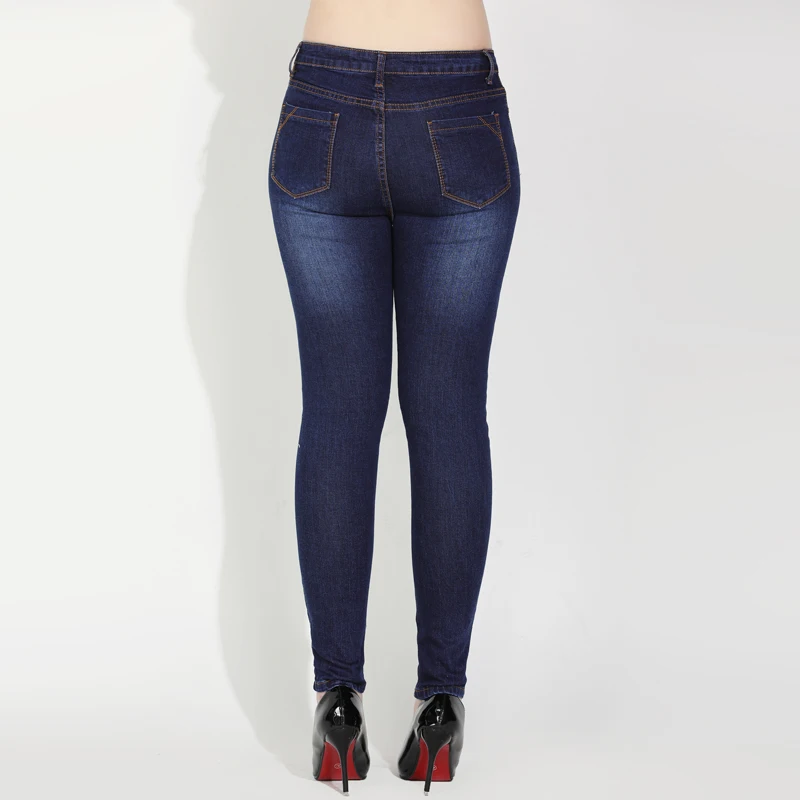 Размера плюс синие джинсы для женщин Тонкий Стретч СКИННИ ДЖИНСЫ со средней