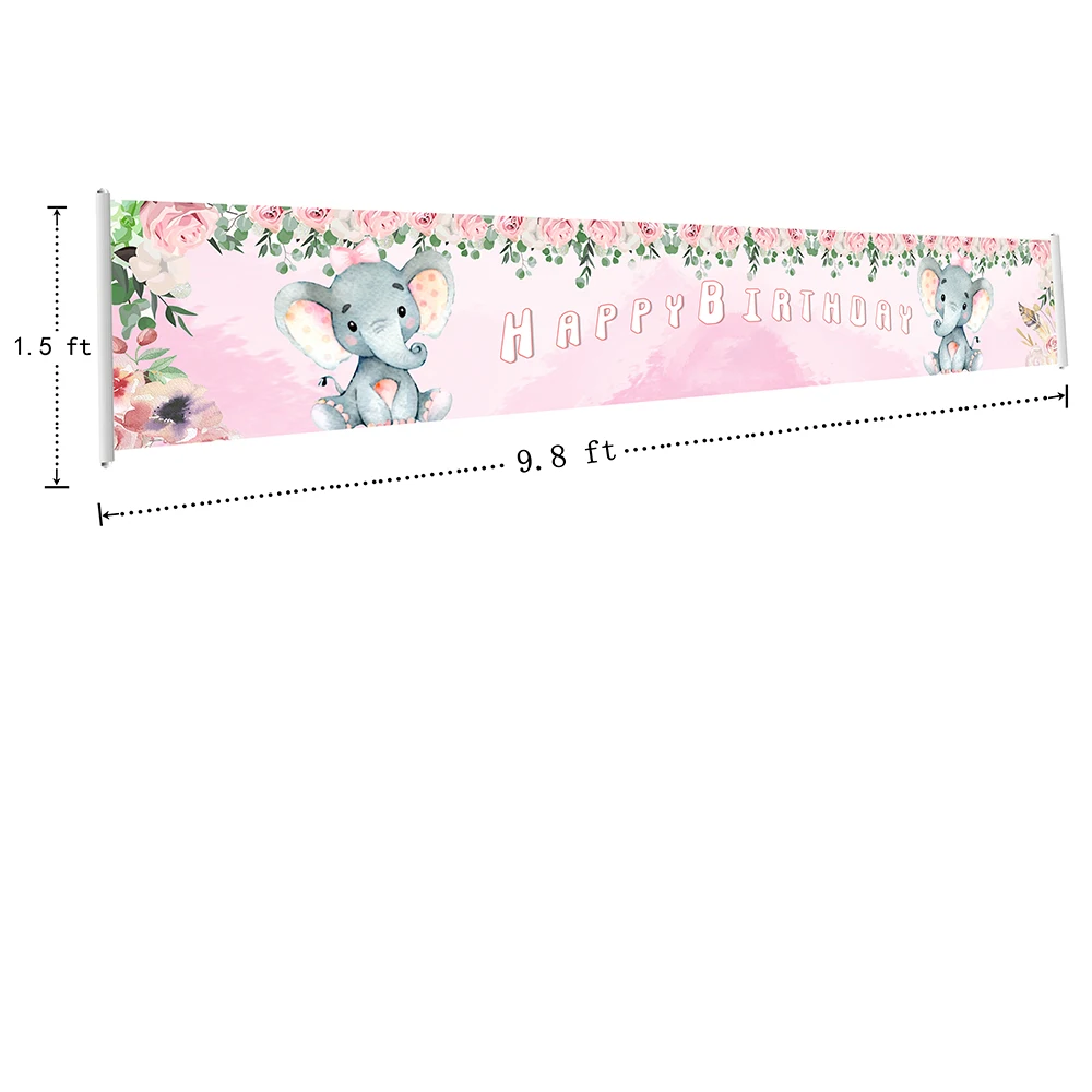 

Girl Happy Birthday Party Banners Pastel Cute Elephant Party Banners Pink Flowers Background Banner Poster Signs With Grommets
