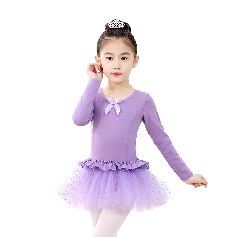 Purple Новинка; детская Одежда для танцев; балетное платье; Хлопковое платье для девочек; кружевная трикотажная юбка с длинными рукавами; балетный танцевальный костюм для девочек - Цвет: Purple