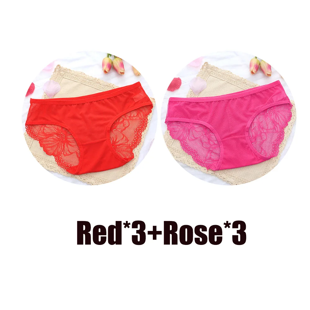 3Red 3Rose 6 шт. в упаковке, трусики, сексуальные кружевные трусы для женщин, низкая посадка, плюс размер, нижнее белье, сетчатые прозрачные трусики, женское нижнее белье - Цвет: 3Red 3Rose