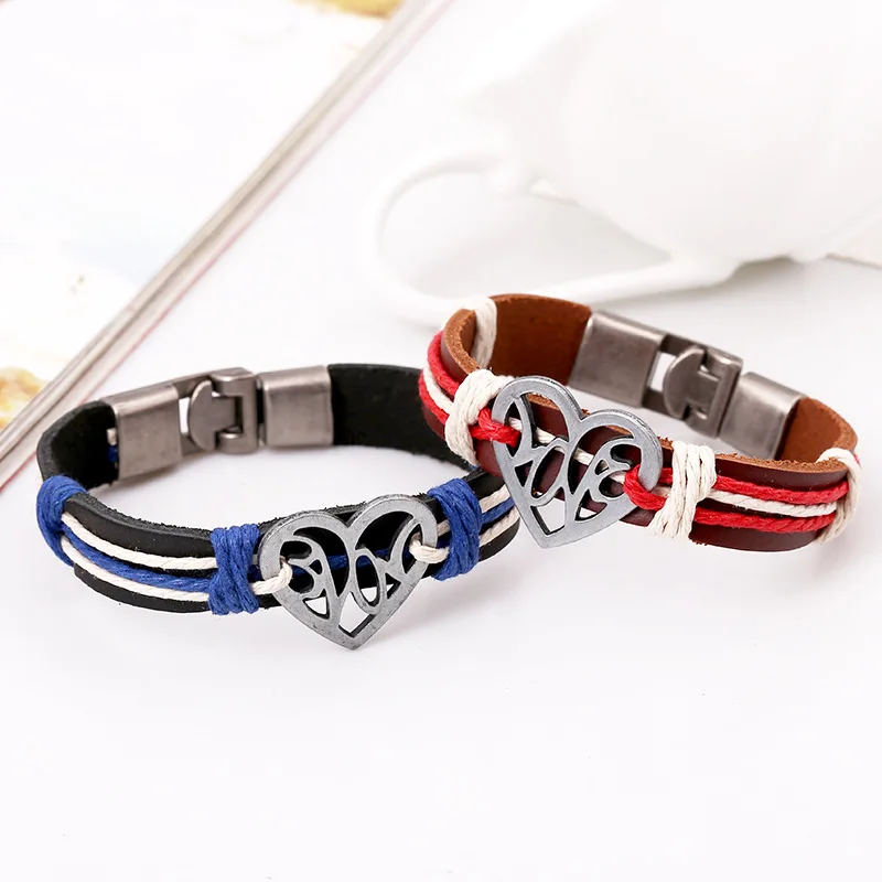 Ретро Сладкий полые форме сердца кожаный браслет красные синие веревку тканые