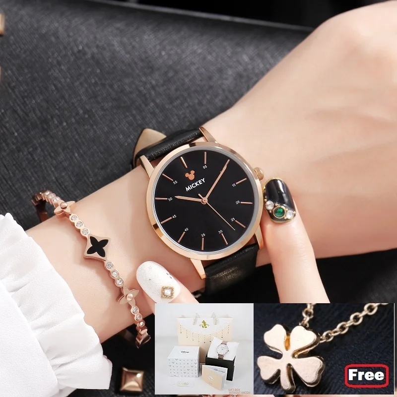 LEATHER Bgold B Plus Новые оригинальные женские часы disney из розового золота, водонепроницаемые, полностью стальные, круглые, простые, модные часы «Микки», роскошные, лучший подарок для девочек, высокое качество - Цвет: LEATHER Bgold B Plus