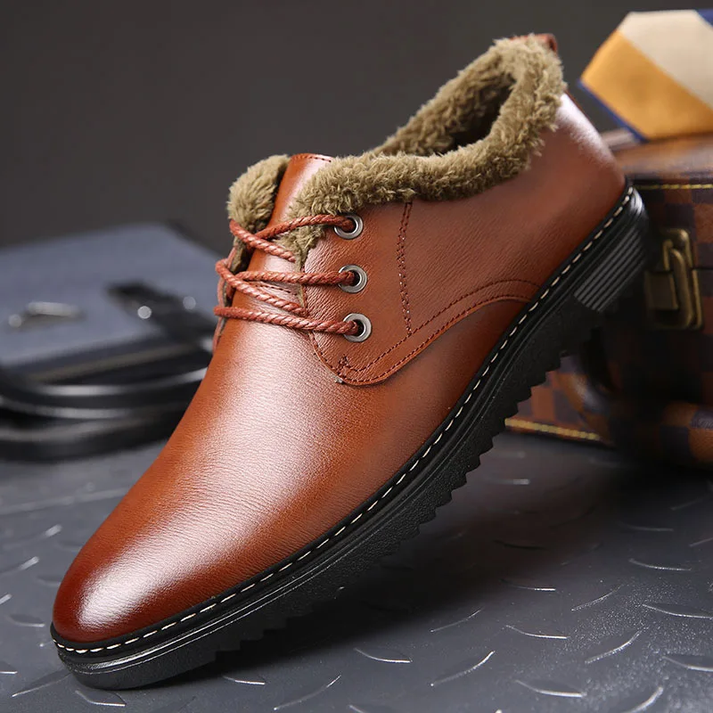 Мужские кожаные туфли на меху черные модельные плоской подошве шнуровке зимние