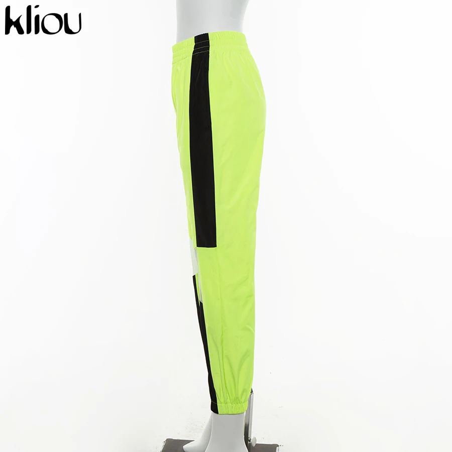 Kliou Новые женские модные длинные эластичные яркие однотонные брюки с полосками и сетчатыми вставками штаны с поясом на резинке