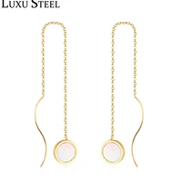 luxusteel gold color round white shell chains drop earrings stainless steel long tassel dangles earring n pendientes brincos