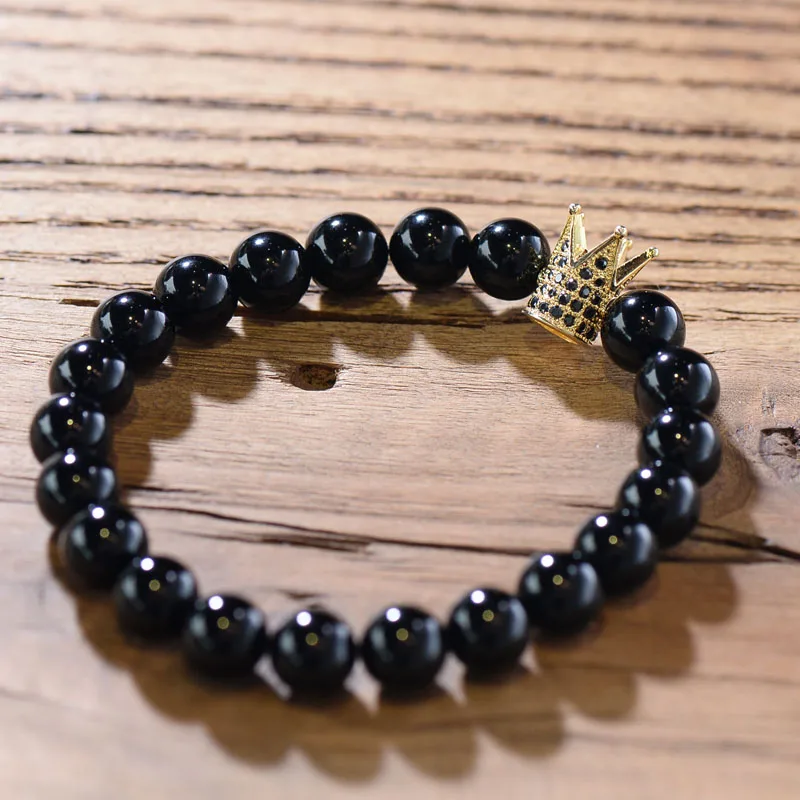 BOJIU 8 мм браслет из бисера Мужская роскошная Корона циркония черный Ag. Микро