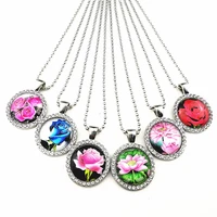 24pcslot rose lotus 20mm dia round rhinestone cabochon pendant ancient silver necklace jewelry for women girl party gift