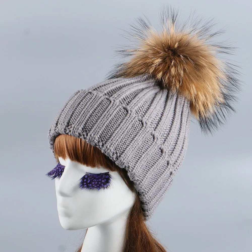 Шапка с помпонами из меха норки и лисы зимняя женская шапка вязаная шерстяная для