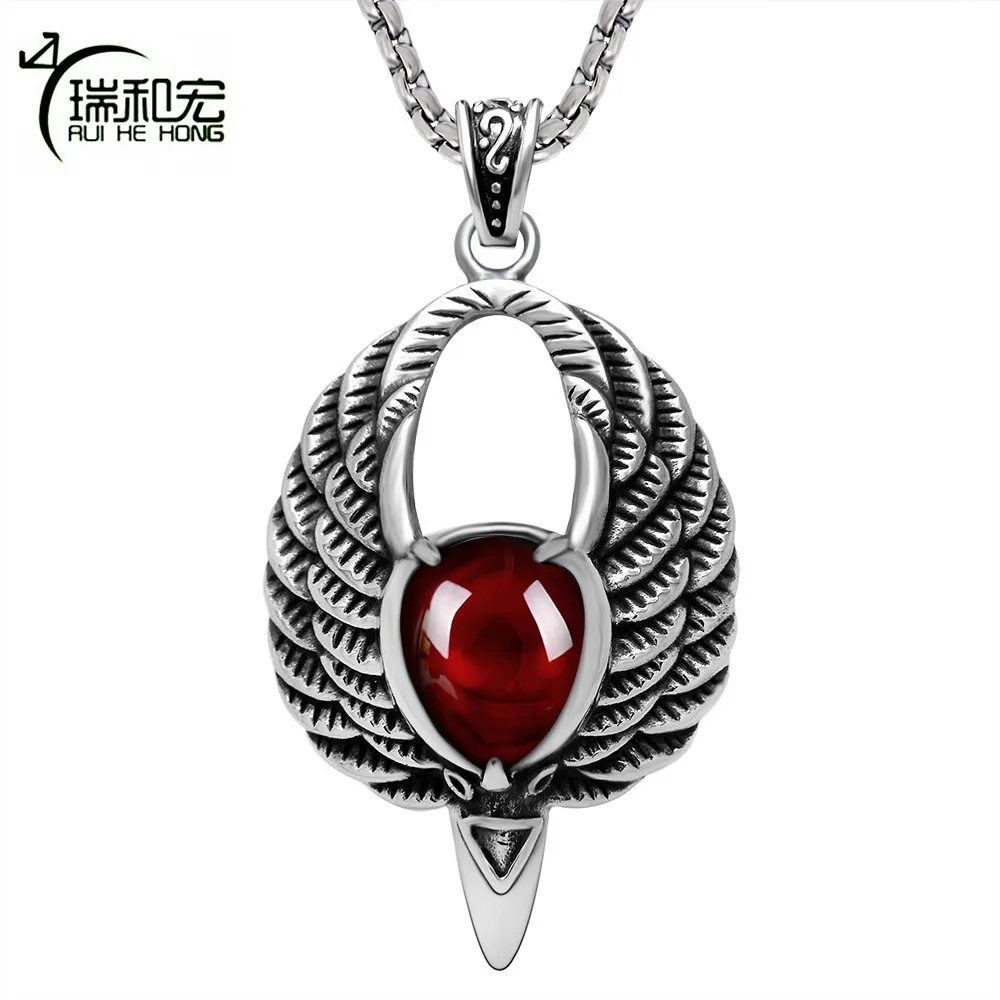 Древняя титановая сталь Орел Модель крыла Кулон инкрустированные Красные