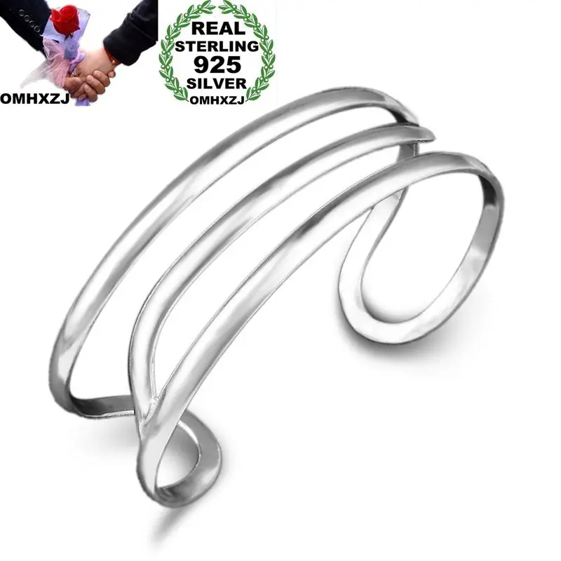 

OMHXZJ Wholesale Personality Fashion Unisex Party Gift Silver Hollow Three Lines 925 Sterling Silver Cuff Bangle Bracelet BR178