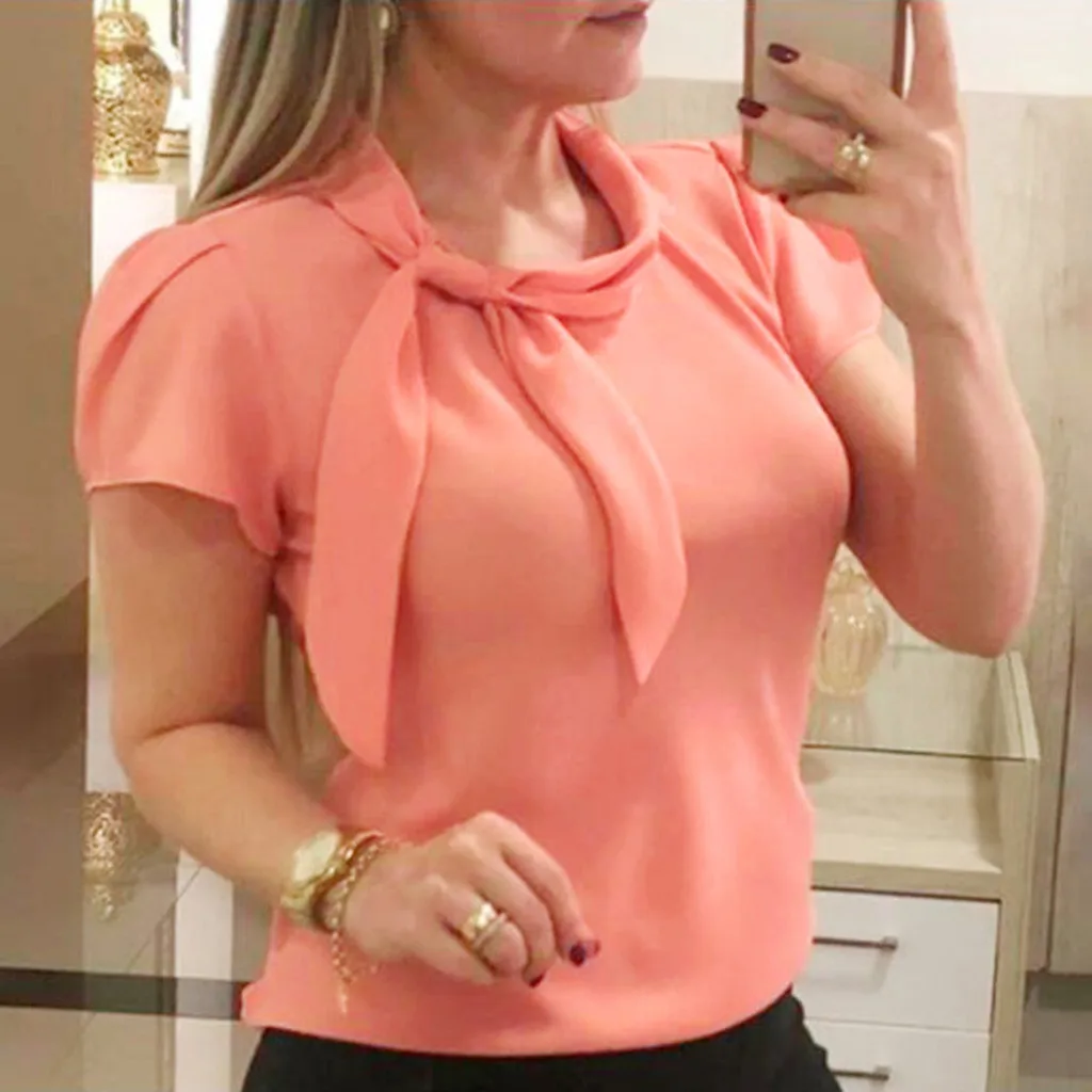 Женская шифоновая блузка с коротким рукавом бантом | одежда