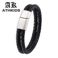new black double layer leather bracelets men silver stainless steel magnetic clasp wristband bracelets bangles gift pd0116