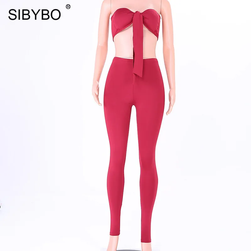 Sibybo с открытыми плечами завязанный сексуальный укороченный топ и штаны комплект без бретелек с высокой талией летний комплект из двух предметов Женский комплект с открытой спиной