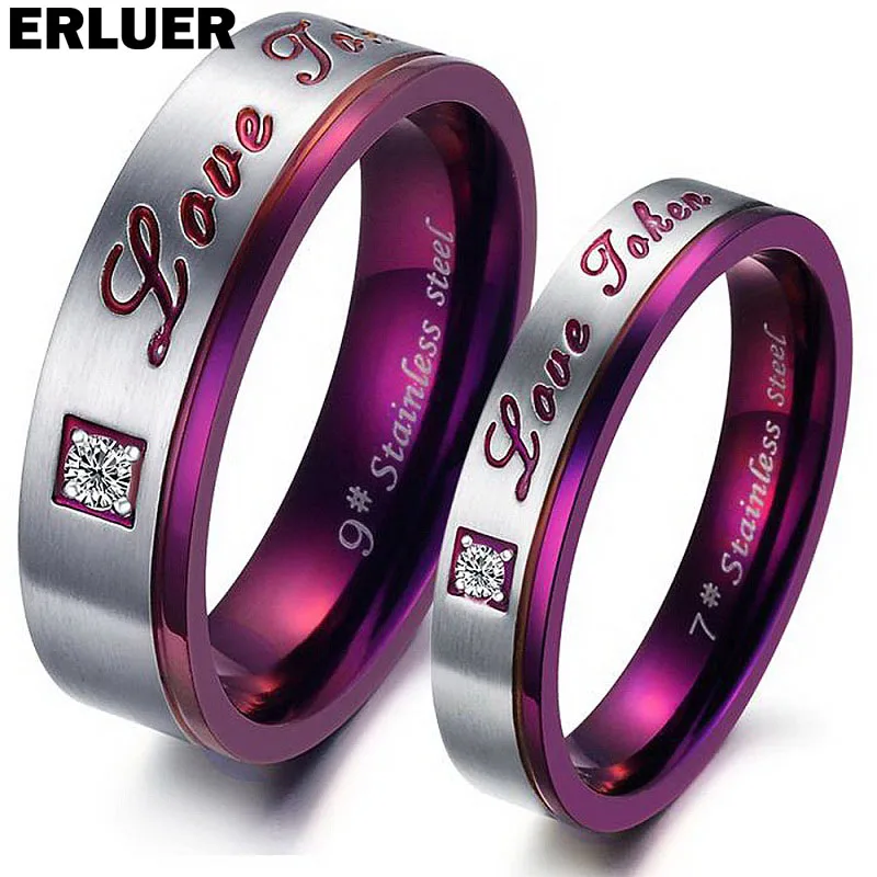 ERLUER retro style purple Stainless steel pair ring for Women Men Crystal Jewelry Engagement Couple Rings set Valentine's Gift |