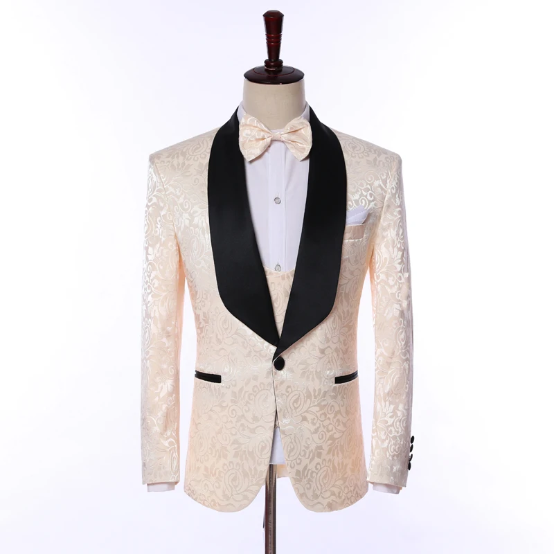 2019 Latest Designs Black Shawl Lapel Groom Tuxedos Jacquard Men Suits Wedding Suit With Pant (Jacket+Pants+Vest+Bow tie) | Мужская