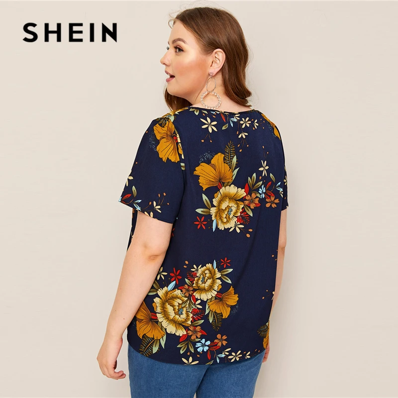 SHEIN, блузка размера плюс, темно-синяя, с растительным принтом,, женская, летняя, Цветочный, Круглый ворот, короткий рукав, обычная, плюс, блузки, рубашка