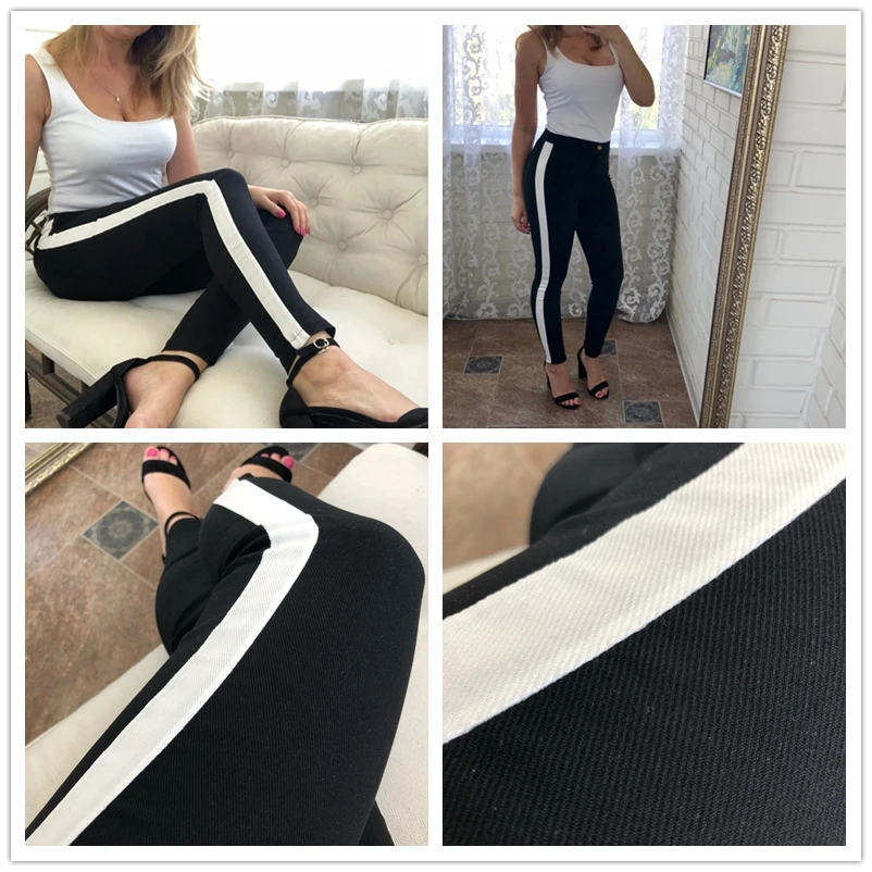 SweatyRocks, с контрастной панелью, по бокам, обтягивающие джинсы,, летние, прямые, на молнии, женские, черные, спортивные, полосатые штаны