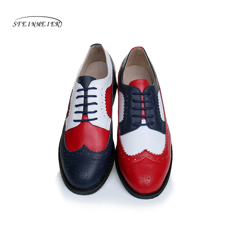 white red blue Женские оксфорды из натуральной кожи; женская обувь на плоской подошве; ручная работа; винтажные лоферы на шнуровке в стиле ретро; коричневые Повседневные тапочки плоские туфли для женщин - Цвет: white red blue