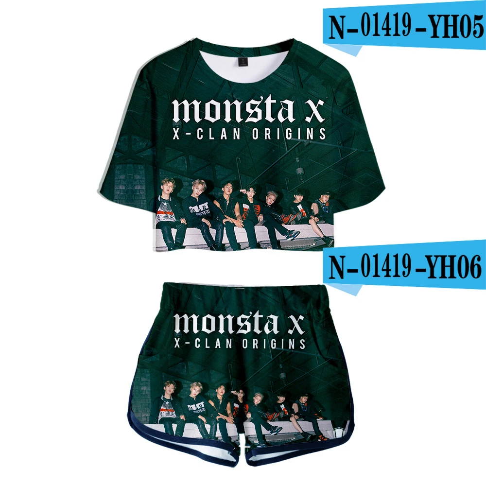 LUCKYFRIDAYF MONSTA X 3D комплект из двух предметов Сексуальная хлопковая футболка для женщин стиль 3D футболка хип-хоп костюм Шорты повседневные топы+ шорты - Цвет: N01419