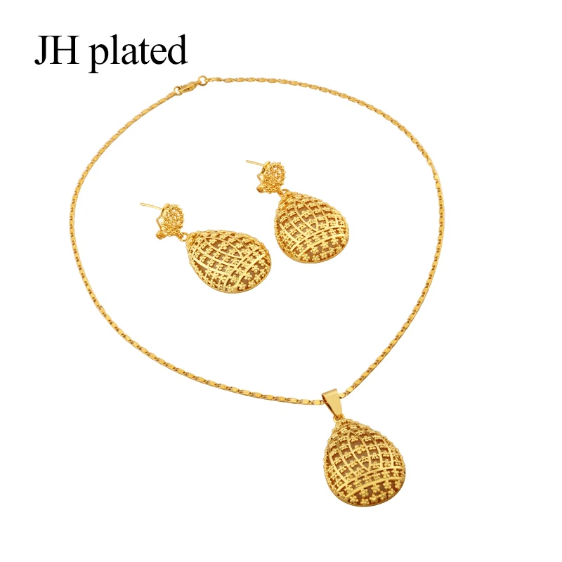JHplated African Ethiopia Fashion gold color jewelry sets women best gifts Party wedding Necklace and Earrings 45cm Pendant | Украшения и