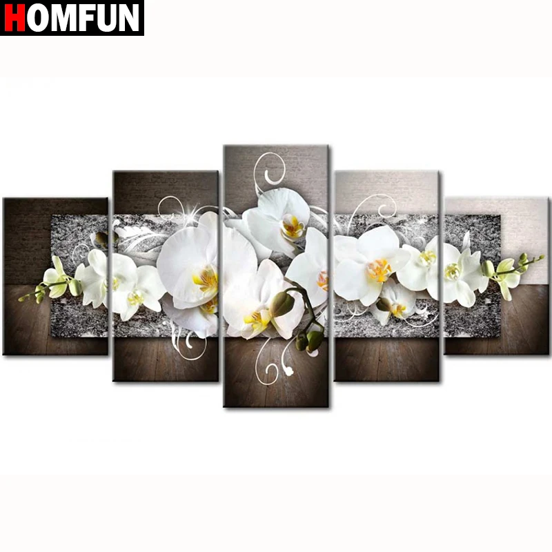 

HOMFUN 5pcs Full Square/Round Drill 5D DIY Diamond Painting "Orchid peony lily" Multi-picture Combination Embroidery 5D Gift