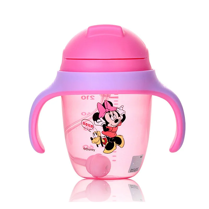 Minnie 240ml Disney чашки 240-300 мл для обучения питью, чашка милый мультяшный Микки Мышь ребенка соломы Кормление бутылка с ручкой подарки на день рождения - Цвет: Minnie 240ml