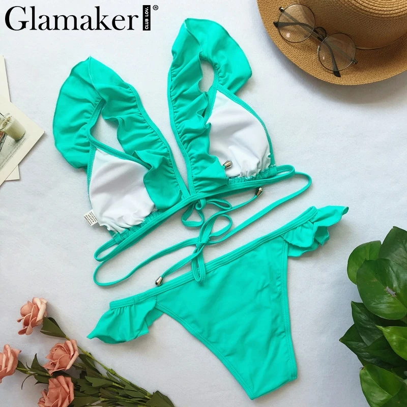 Glamaker красный гофрированный купальник женский сексуальный глубокий v-образный вырез купальный костюм для женщин купальный костюм бикини с высокой талией пуш-ап с открытыми плечами Купальник