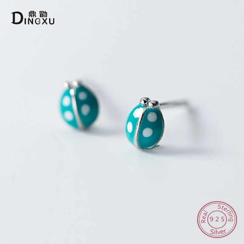 Женские серьги гвоздики из стерлингового серебра 925 пробы с зеленой божьей