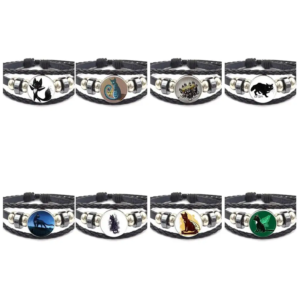 Изящное стекло EJ Glaze Cat Sidhe для подарка на День Валентина - Модный черный кожаный браслет-браслет Vintage.