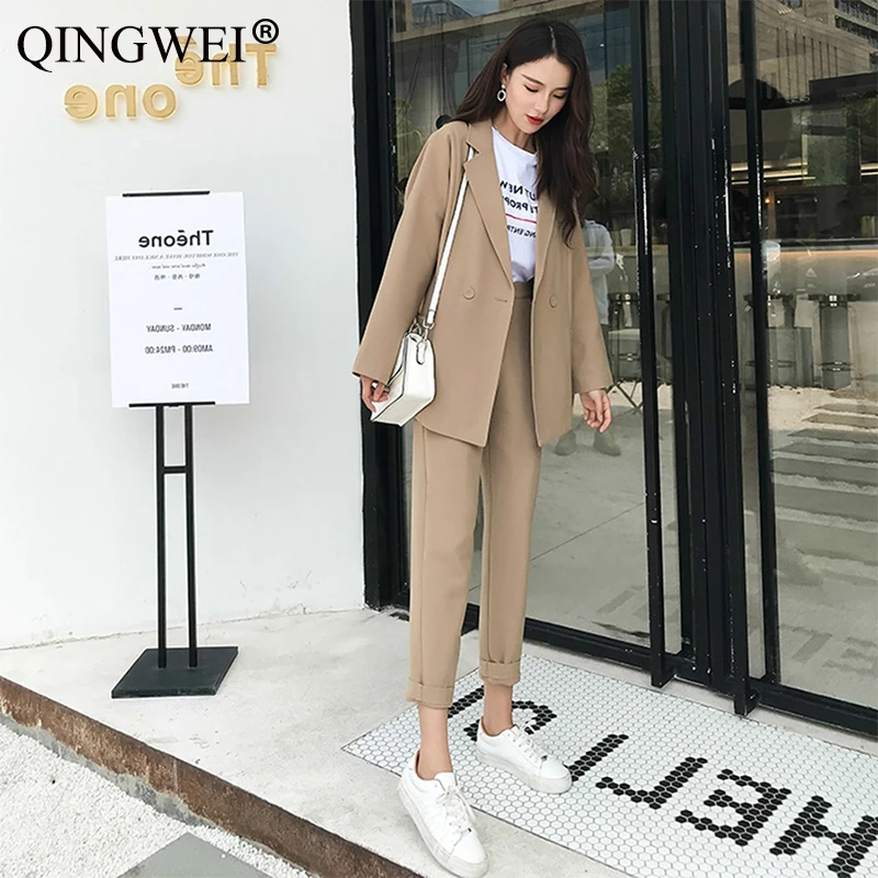 Женский брючный костюм QINGWEI повседневный однотонный блейзер с отложным