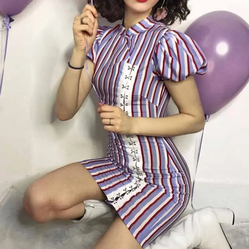 Женское облегающее платье Cheongsam фиолетовое мини в полоску с пышными рукавами и