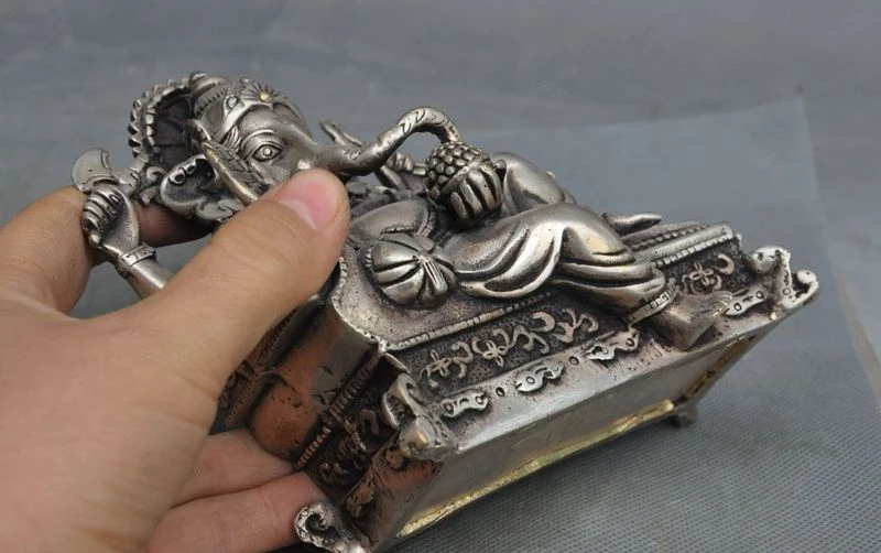 Старый тибетский буддийский храм серебро 4 руки слон джамбала маммон Бог Будда