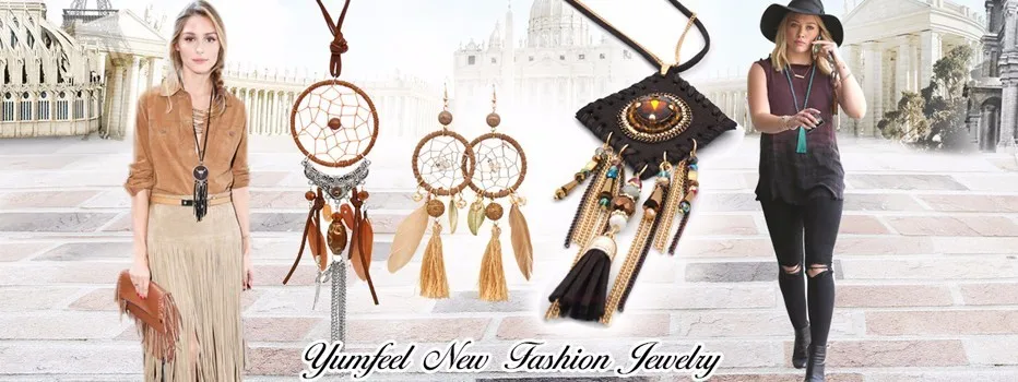 Yumfeel Bohemian Tassel Necklace Leather Tassel Pendant Necklace Long Necklace Dark Brown Color