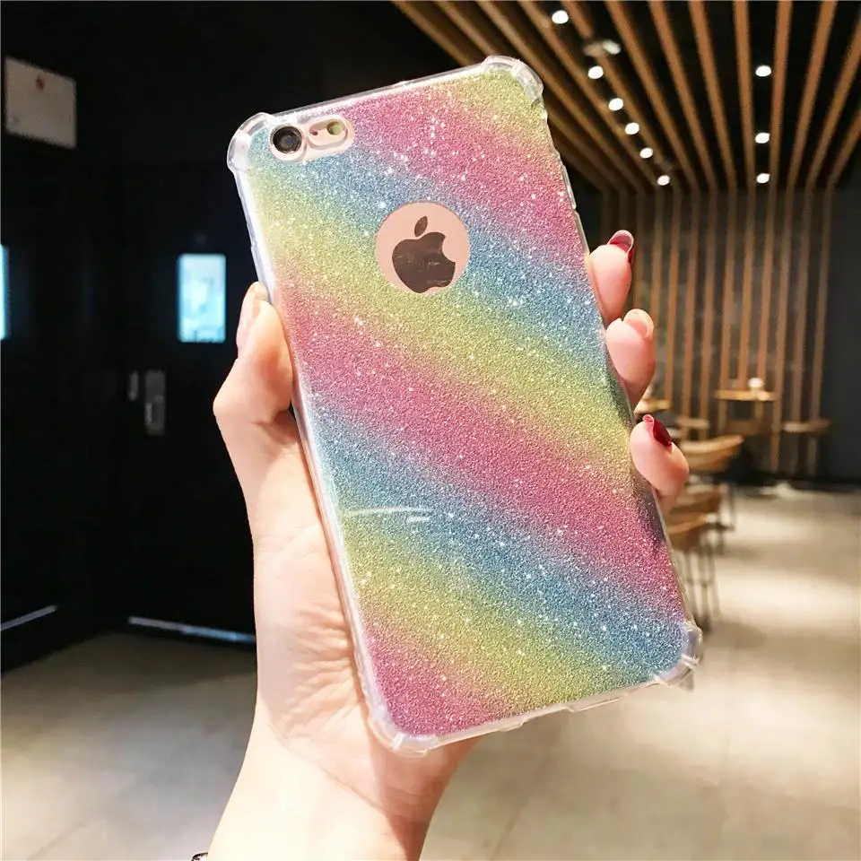 Противоударный Блестящий 2 в 1 Радужный чехол для iPhone 6 SE 7 8 Plus X XR XS MAX TPU Samsung J3 J5 J7 Pro