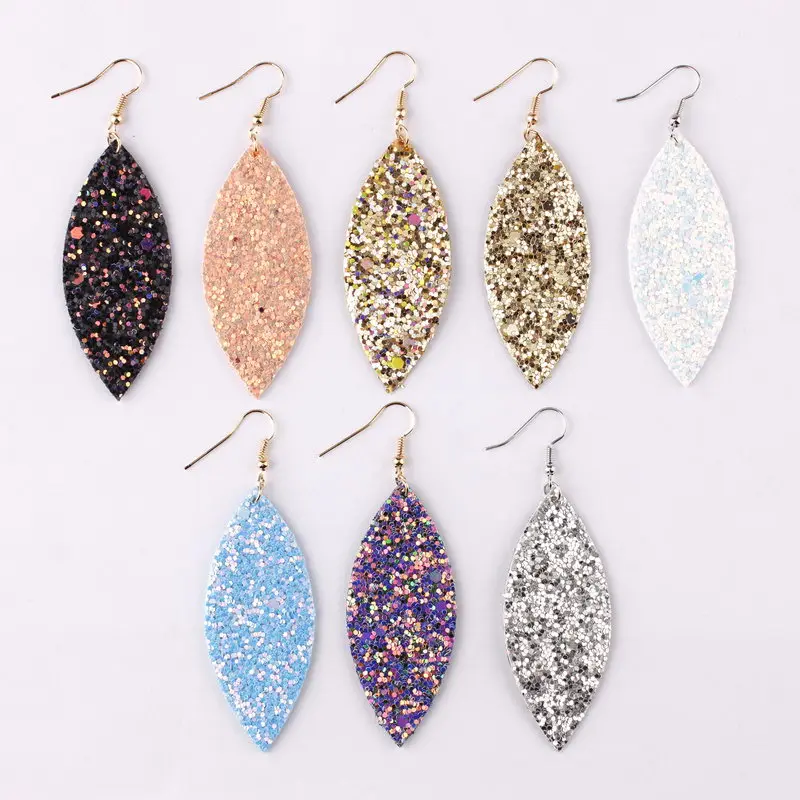 

Fashion Trendy Chic Women Jewelry Glitter Leather Leaves Drop Statement Earrings for Women Sparkly Glitter Leather Leaf Earrings
