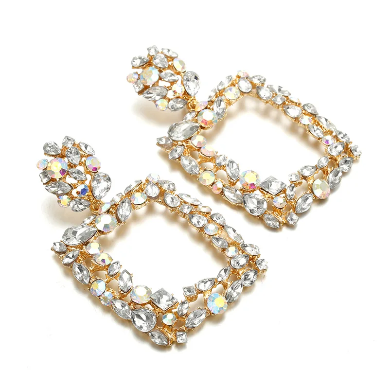 Женские винтажные металлические серьги квадратные с белыми кристаллами модные